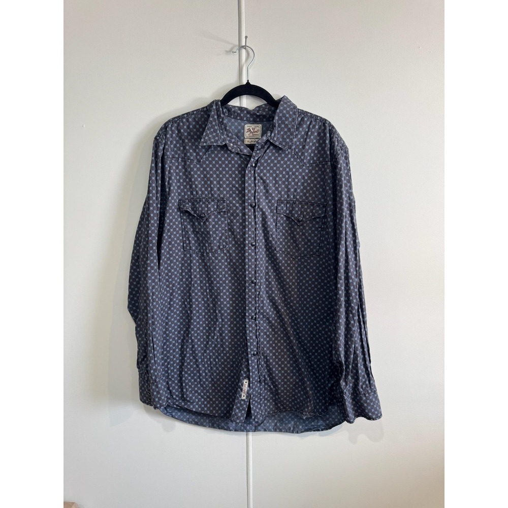 Lucky Brand Shirt Mens XL Blue Geometric‎ Western Snap Button Long Sleeve